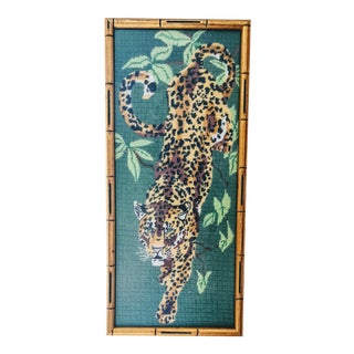 Vintage Leopard Needlepoint Art Bamboo Frame For Sale