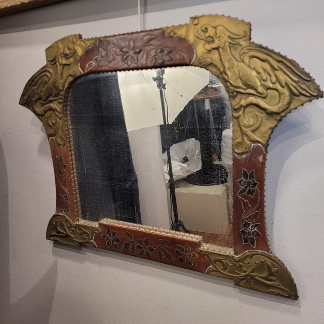 Art Nouveau Mirror in Gilt Brass and Leather after Gabriel Viardot, France, 1930s For Sale - Image 4 of 18