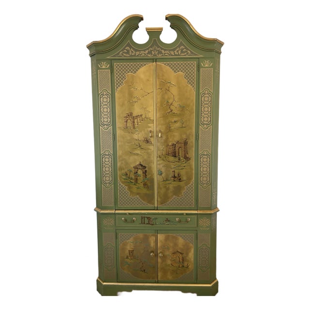 1962 Drexel Heritage Hand-Painted Chinoiserie Secretary Cabinet in Green & Gold For Sale