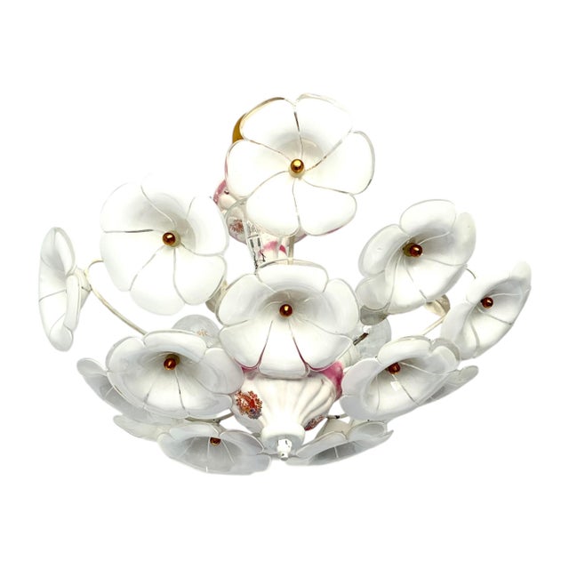 Glass Vintage White Murano Style Floral Chandelier | Italian Art Deco Ceiling Light | 1980s Glass Flower Lighting For Sale - Image 7 of 17