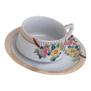 Japan Hotta Yu Shoten Floral Peach Lusterware Small Cup and Saucer 4358b