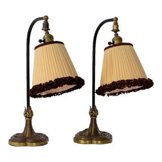 Early 20th Century Bronze Curved Neck Table Lamps With Original Silk Shades - a Pair For Sale