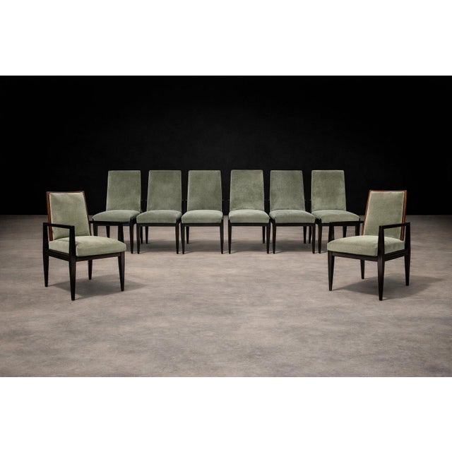 Mid-Century Modern Cimo, Brazil, 1950s — Set of 8 Dining Chairs in Hardwood With Dusty Olive Mohair & Jacarandá Backs (2 Armchairs + 6 Side Chairs) For Sale - Image 3 of 16