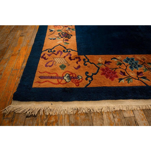 1920s Antique Blue Navy Grand Scale Medallion Knotted Wool Chinese Art Deco Rug For Sale In New York - Image 6 of 9