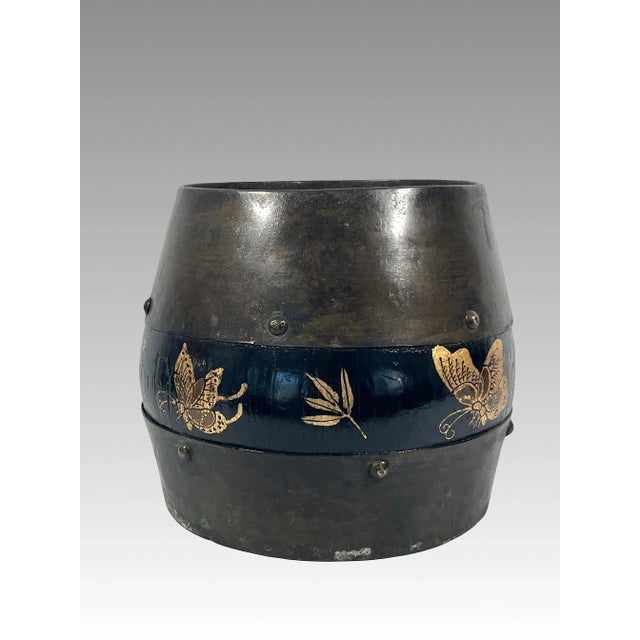 Antique Chinese Banded Elm and Fir Wood Rice Measure or Bucket from the Anhui Province, China. This beautiful piece is...