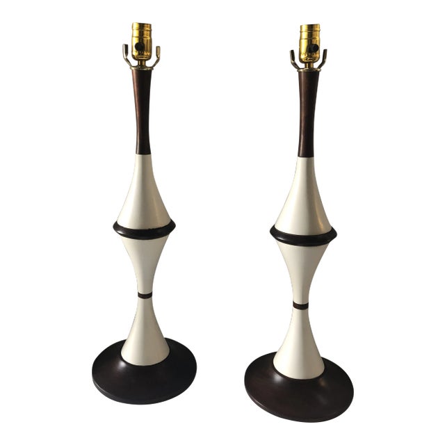 Vintage White Ceramic and Wood Lamps - a Pair For Sale