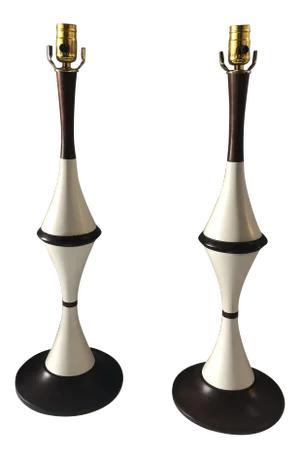 Vintage White Ceramic and Wood Lamps - a Pair