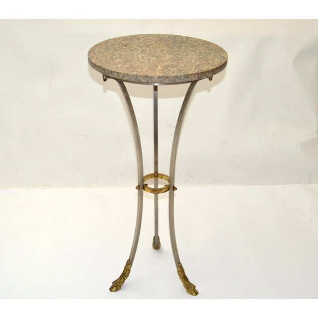 Neoclassical French Drink Table Maison Jansen Style Steel, Brass & Bronze Hoof Feet with a round Sand Color Travertine...