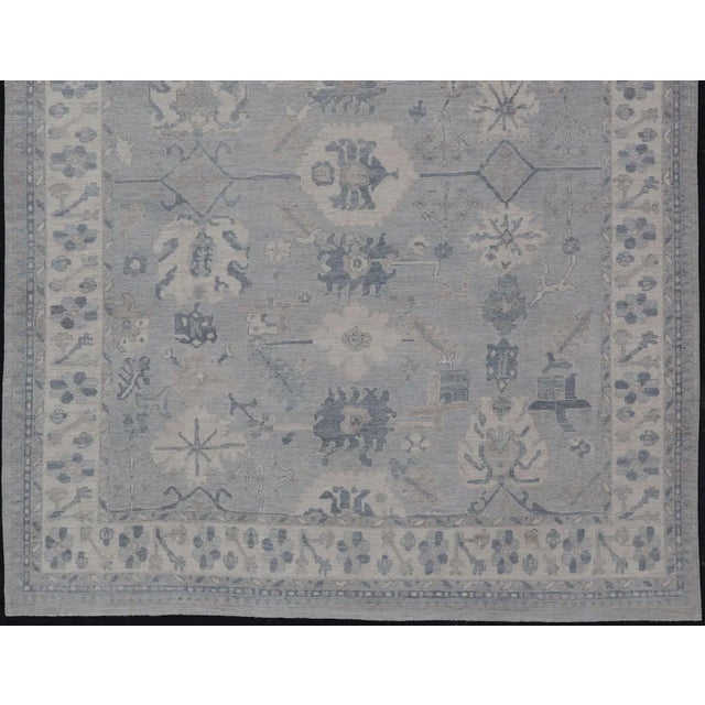 Large Modern Oushak With Floral Motifs With Cream Grey Blue and Powder Blue For Sale - Image 4 of 12