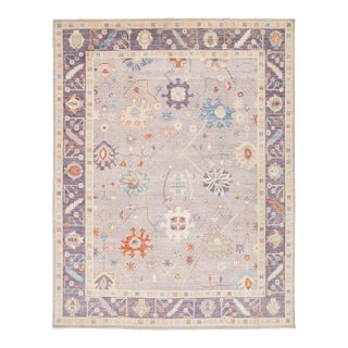 Modern Oushak Style Hand-Knotted Wool Rug - Soft Lavender & Pastel Floral Motif For Sale