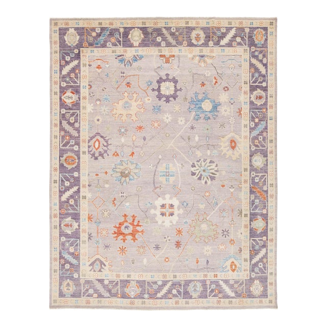 Modern Oushak Style Hand-Knotted Wool Rug - Soft Lavender & Pastel Floral Motif For Sale