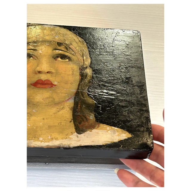 1920s Art Deco Original Portrait Painting on Box For Sale In Los Angeles - Image 6 of 8