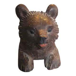 Antique Black Forest Bear Inkwell Hand Carved Wooden Carving Sculpture 2 Inch For Sale