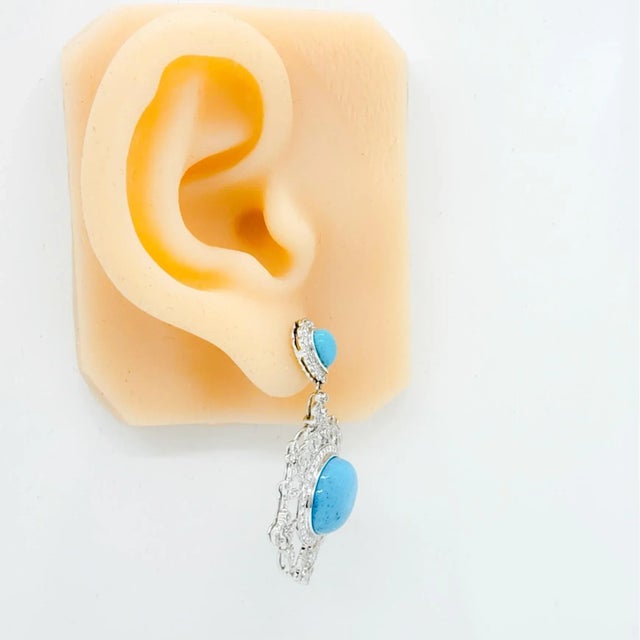 Turquoise and White Diamond Dangle Earrings in 18k White Gold - A Pair For Sale - Image 4 of 7