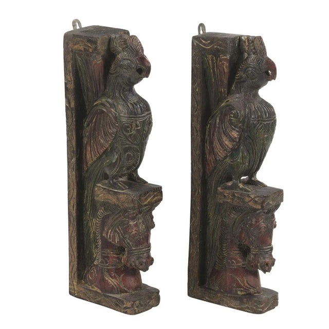 Far Pavilions Vintage Carved Peacock and Horse Corbel Distressed Painted Wall Hanging For Sale - Image 4 of 5