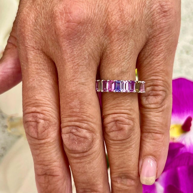 Green Natural Multicolored Sapphire Ring Size 6.5 14k W Gold 5.28 TCW Certified For Sale - Image 8 of 9