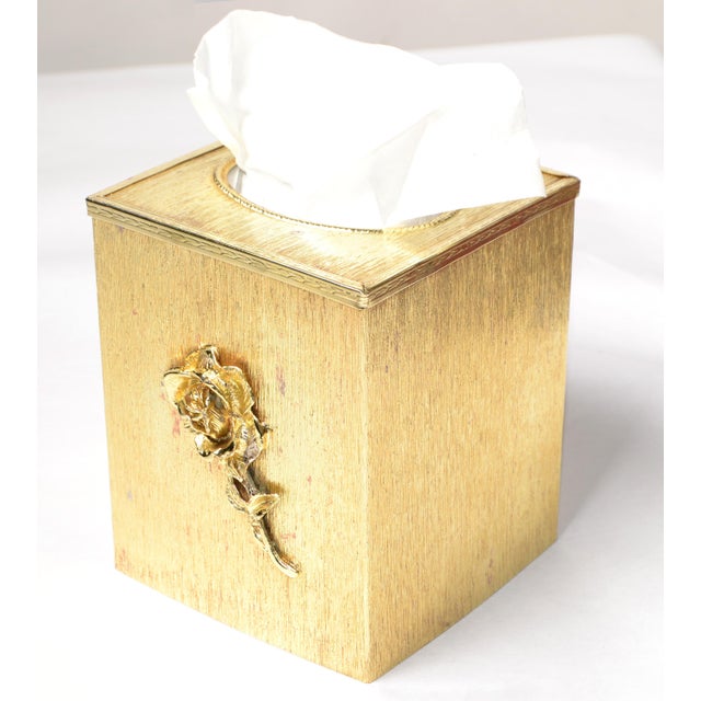 Vintage Embossed Gold Steel Hand-Crafted Tissue Box Cover Rose Detail Brushed Brass Finish For Sale In Miami - Image 6 of 12