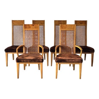 Set of 6 Milo Baughman Style Cane Back Burl Dining Chairs by Lane, 1970s For Sale