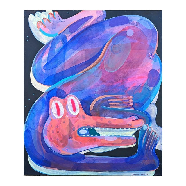 Abstract 21st Century Contemporary Abstract Pink & Blue Biomorphic Contorted Alligator Figure Painting by Cecilia Beaven For Sale - Image 3 of 12