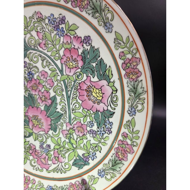 Ceramic Vintage Large Pink Floral Decorative Plate For Sale - Image 7 of 18