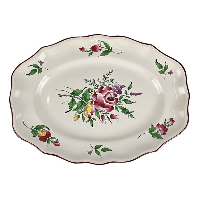 Oval Réverbère Platter with Rose Motif and Flat End from KG Lunéville, 1980s For Sale