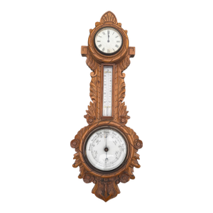 Antique Victorian Oak Wal Hanging Carved Barometer Thermometer Clock