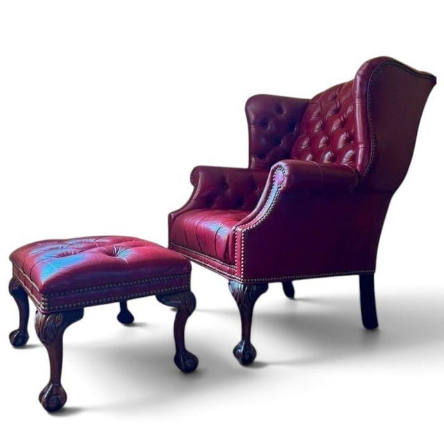2000 - 2009 Chesterfield Wingback Leather Chair & Matching Ottoman by Hancock and Moore For Sale - Image 5 of 12