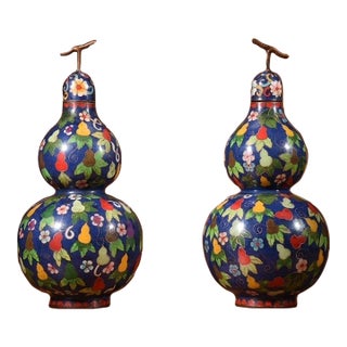 Pair of Vintage Cloisonné Enamel Double-Gourd Vases – Fu Lu Shuang Quan For Sale