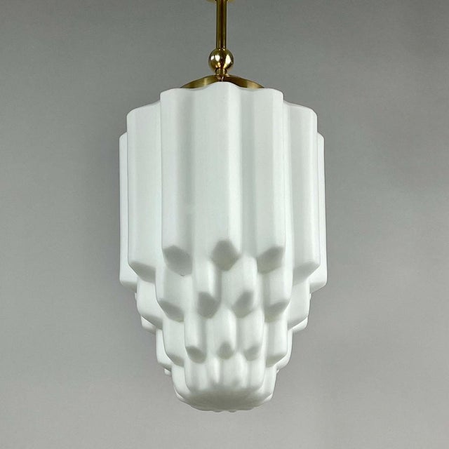 Gold Art Deco White Opaline Glass and Brass Skyscraper Pendant Light, 1930s For Sale - Image 8 of 13