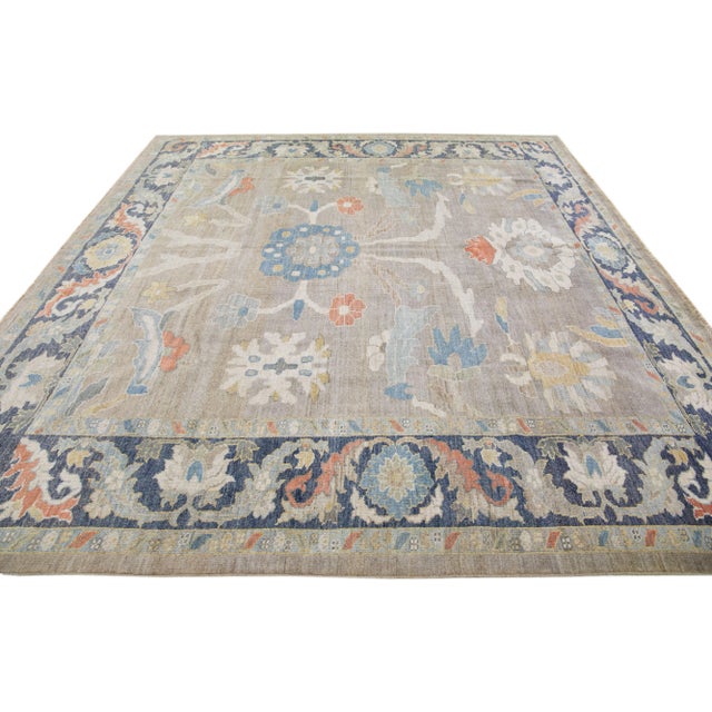 Modern Early 21st Century Floral Handmade Modern Sultanabad Wool Rug With Light Blue Field For Sale - Image 3 of 7