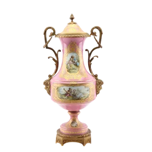 Antique Sevres-Style Museum Urn: 24" Rose Pompadour Porcelain Gilded Bronze Satyrs