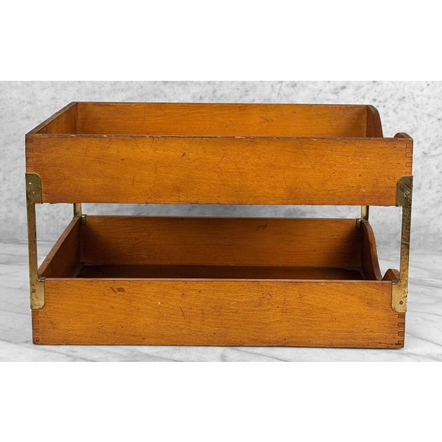 Wood Antique Traditional Wood Desk Top Double File Letter Library Tray For Sale - Image 7 of 11