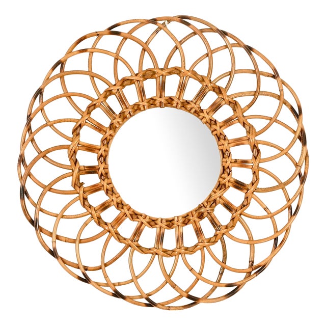 Round Organic Mirror in Rattan and Wicker by Franco Albini, Italy, 1960s For Sale