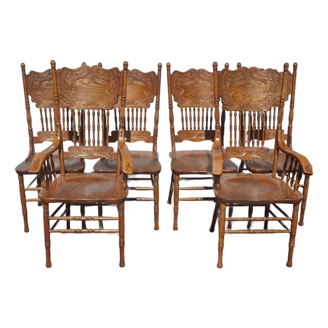 Set of Six Vintage Oak Pressed Back Dining Room Chairs ~ French Country #21 For Sale