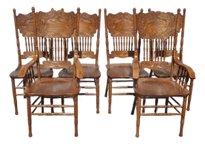 Set of Six Vintage Oak Pressed Back Dining Room Chairs ~ French Country #21