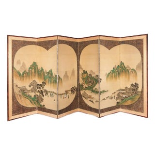 Early 20th Century Six Panel Japanese Byobu Style Watercolor and Fabric Screen For Sale