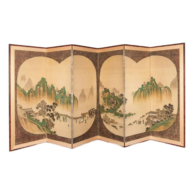 Early 20th Century Six Panel Japanese Byobu Style Watercolor and Fabric Screen For Sale