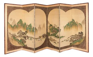 Early 20th Century Six Panel Japanese Byobu Style Watercolor and Fabric Screen