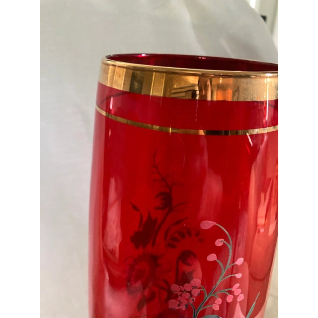 Stunning Vintage Norleans Red Hand Painted Cylinder Glass Vase Flowers Italy 22k Gold Accent. Perfect addition to any...