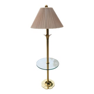 Vintage Stiffel Model #3622 (Mcm) Brass Lotus Lily Parzinger Floor Lamp Featuring Integrated Glass End Table For Sale
