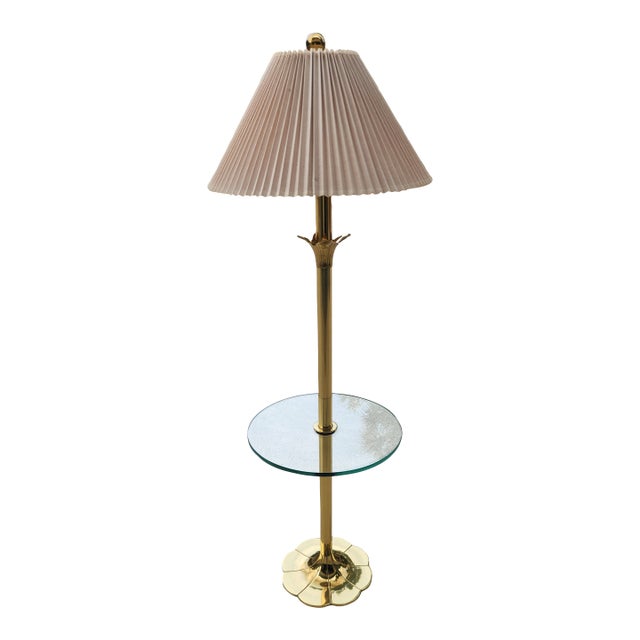 Vintage Stiffel Model #3622 (Mcm) Brass Lotus Lily Parzinger Floor Lamp Featuring Integrated Glass End Table For Sale