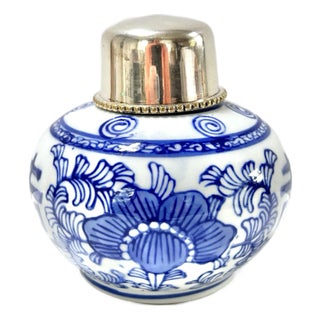 Vintage Blue & White Chinoiserie Porcelain Tea Jar With Metal Lid For Sale