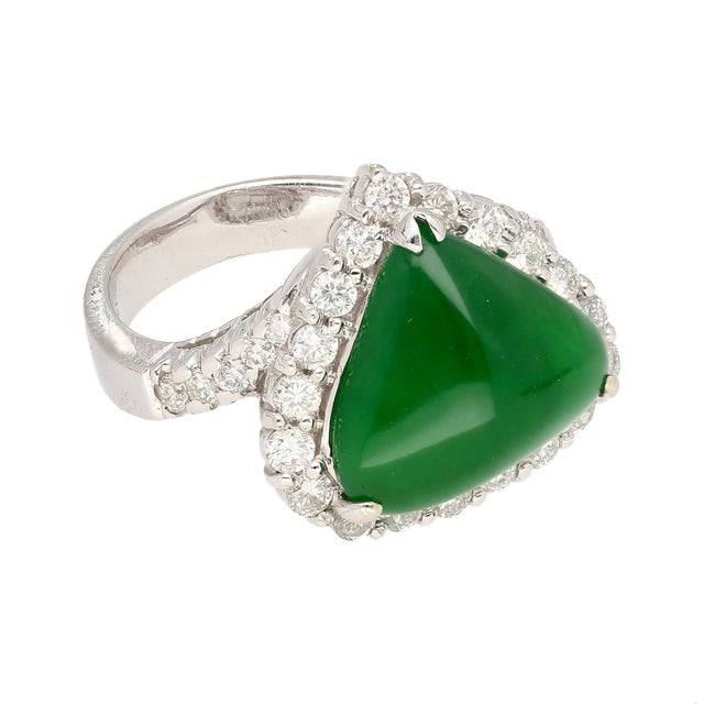 Type a Jadeite Jade Cabochon Cut Triangle Shape and Diamond Halo Ring, Size 6 For Sale - Image 4 of 10