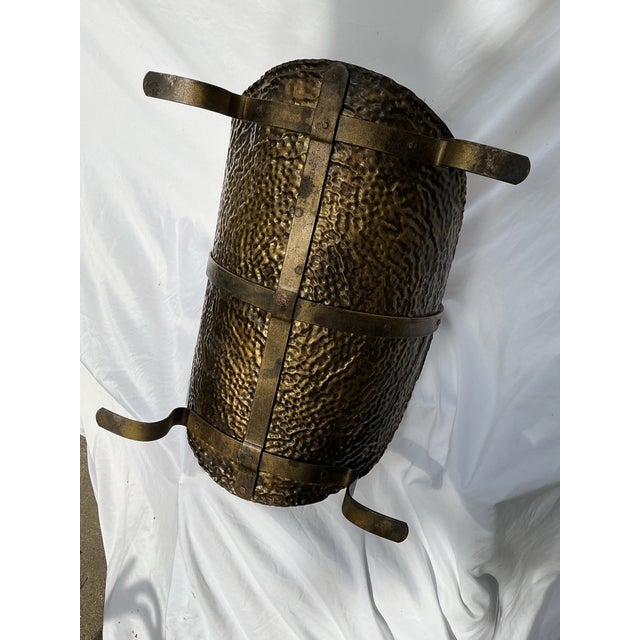 Mid-Century Modern MCM Hammered & Strapped Metal Firewood Carrier For Sale - Image 3 of 5