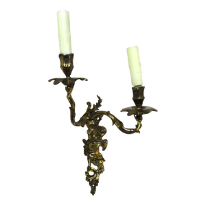 Late 19th Century French Bronze Double Candle Sconce Electrified Louis XV Style Gilt Bronze Cherub Ormolu Dore Antique