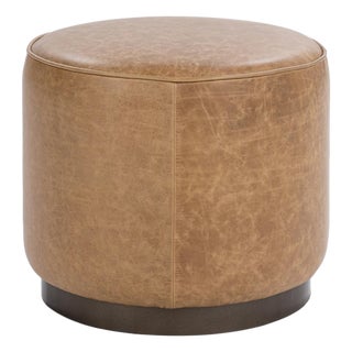 Aged Caramel Leather Round Stool For Sale