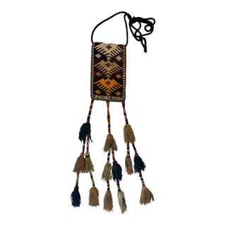 Antique Yomut Turkmen Spindle Bag Igsalyk Long Tassels Multicolor Wool For Sale
