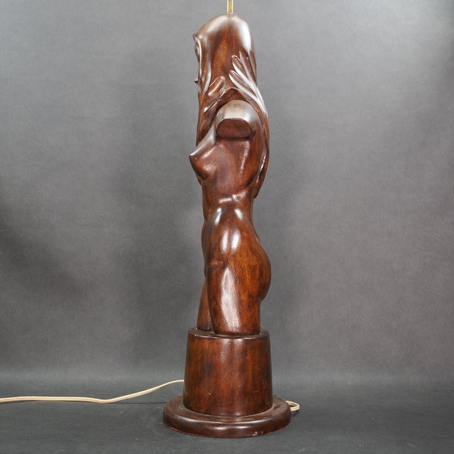 1960s Large Vintage Hand Carved Wooden Nude Woman Lamp For Sale - Image 5 of 9