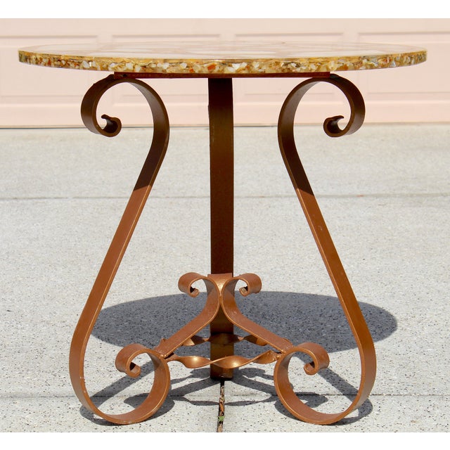Hollywood Regency Vintage Agate, Onyx & Abalone Mosaic Side Table With Wrought Iron Base – Hollywood Regency / Mexican Modern For Sale - Image 3 of 17