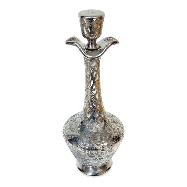 Early 20th Century Large Art Nouveau Silver Overlay Grapevine Decanter , Alvin Silver Co. For Sale
